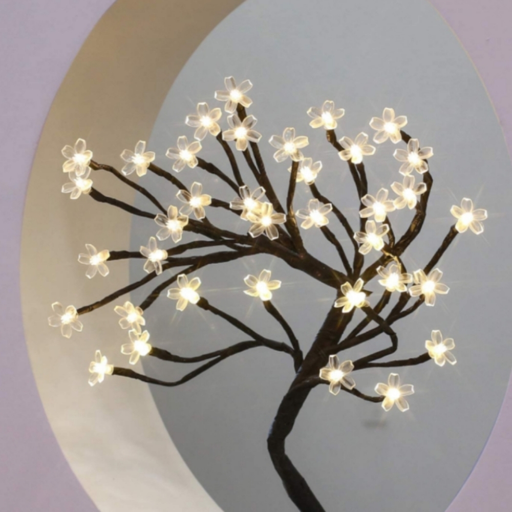 White Cherry Blossom Sakura Flowers Bonsai Plum Tree Fairy Lights Lamp Timer